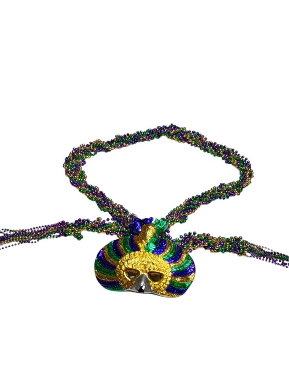 Mardi Gras Beaded Necklace Mask Pendant Green Purple Gold Silver